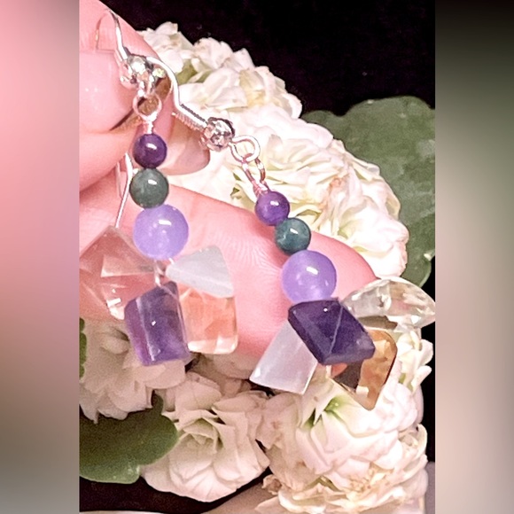 💖🌷Genuine fancy cut Citrine, green & purple Amethyst, Aquamarine Earring/cluster - Picture 6 of 11